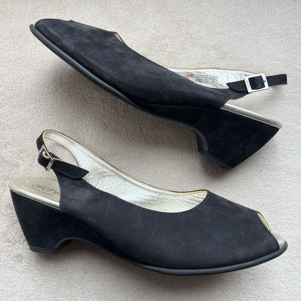 Arche Black Nubuck Leather Slingback Heels Pumps Women EU 41 US 9.5 Peep Toe
